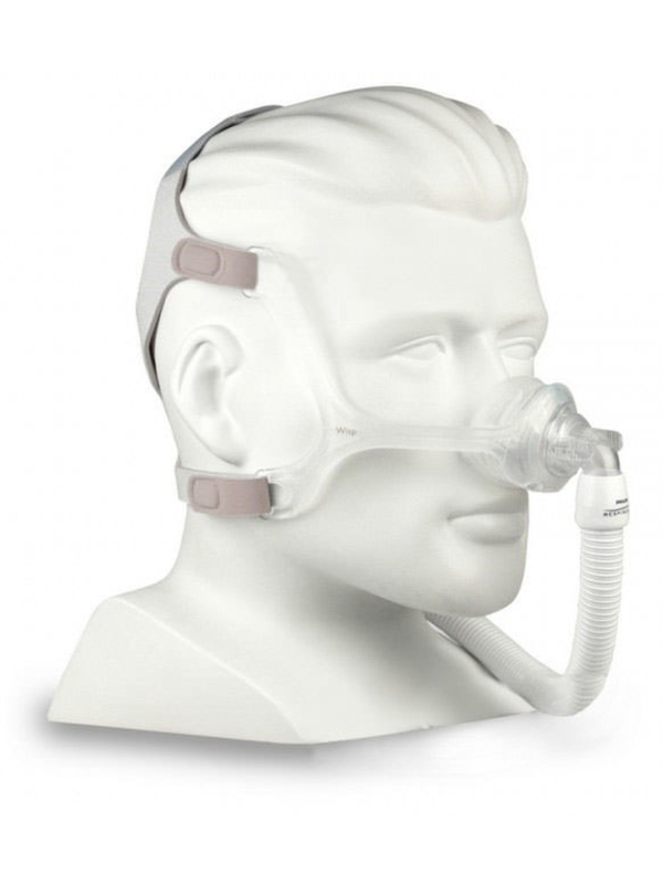 Philips Respironics Wisp burun CPAP maskesi, şeffaf tasarımı ve S/M, L, XL silikon yastık paketleriyle gösteriliyor.