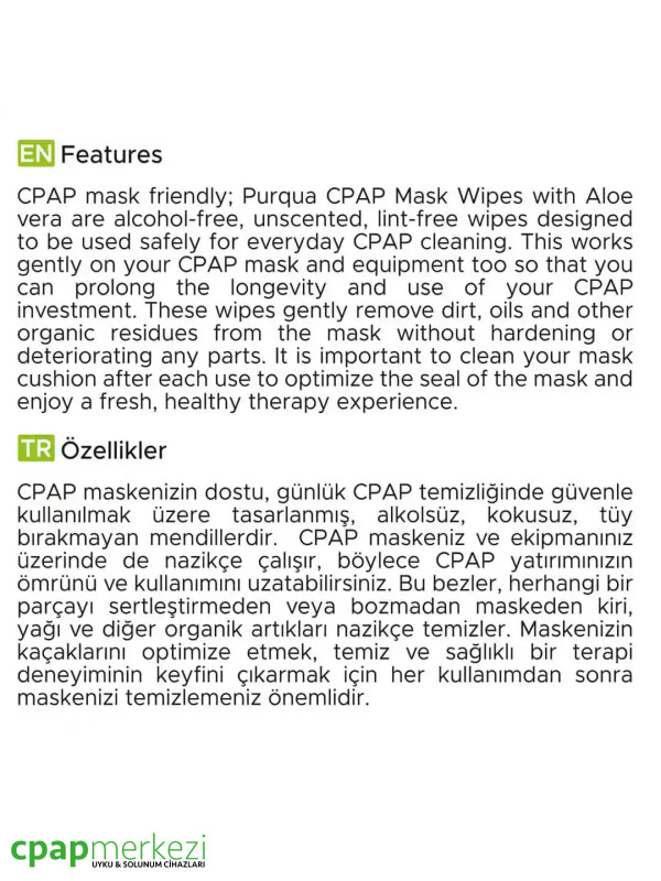 Purqua CPAP Maskesi Temizleme Mendili Purqua CPAP Maskesi Temizleme Mendili